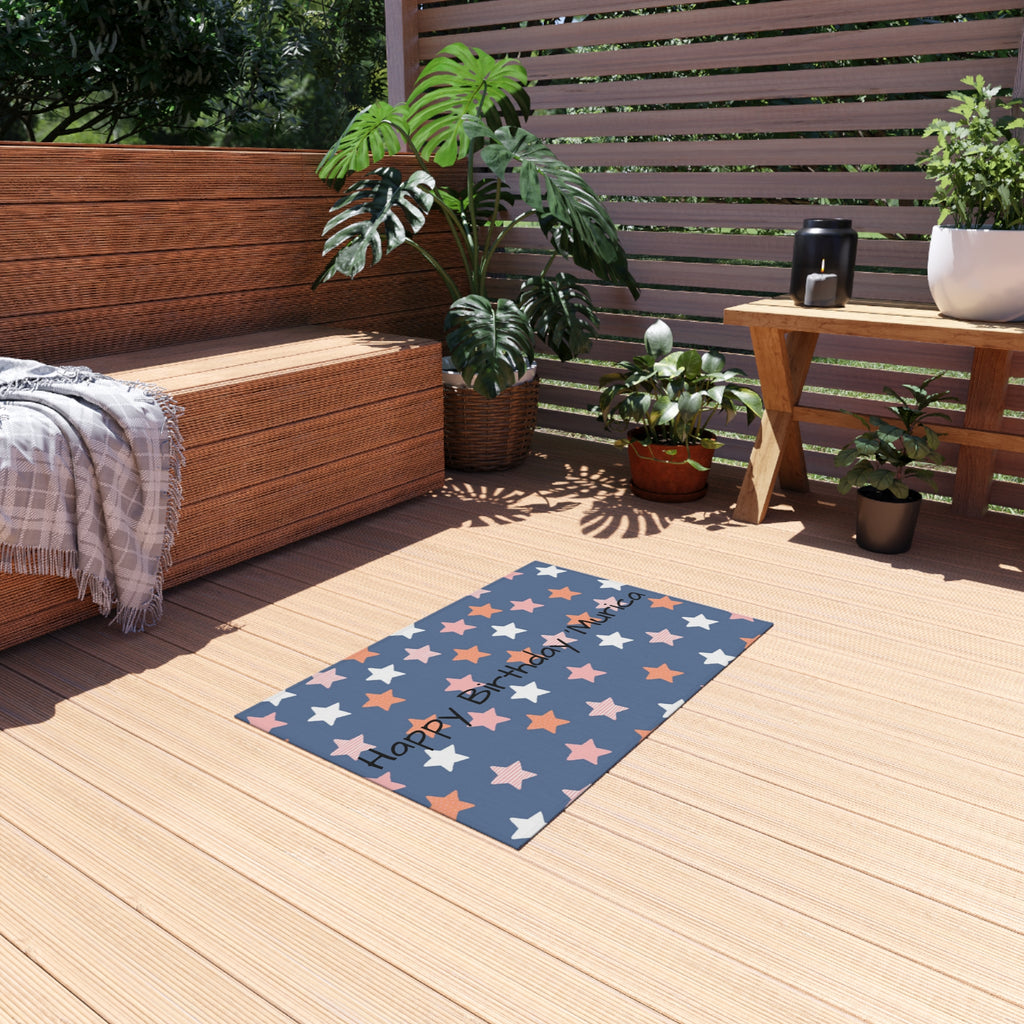 Outdoor Rug - "Happy Birthday 'Murica" Star Pattern Patriotic Outdoor Rug