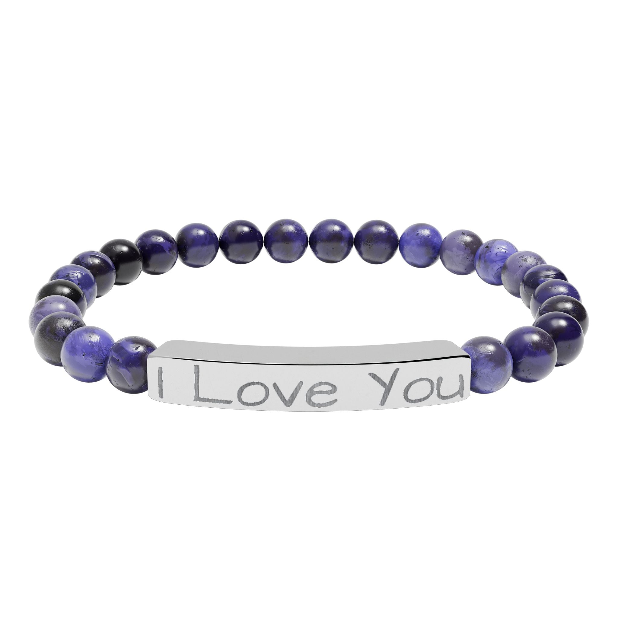 Engraved 'I Love You' Natural Stone Stretch Bar Bracelet — Personalized Beaded Gift