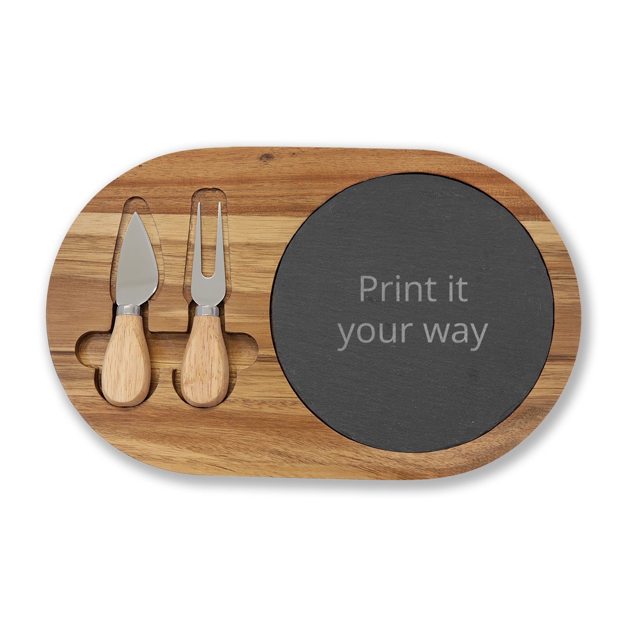 Engraved Acacia Charcuterie Board with Slate Insert & Cheese Knives
